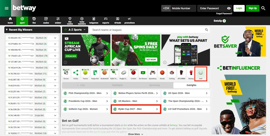 Betway Sportsbook and Golf Betting Screenshot